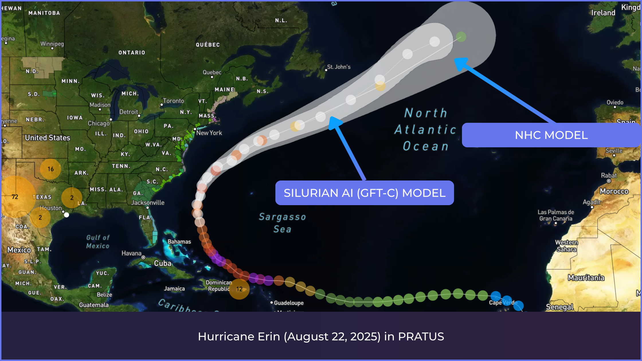 Map showing Hurricane Erin’s projected path (August 22, 2025) across the North Atlantic, Caribbean, and nearby regions. Two forecast models, NHC (blue) and Silurian AI (purple), trace the storm’s progression with colored dots. Caption: “Hurricane Erin (August 22, 2025) in PRATUS.”