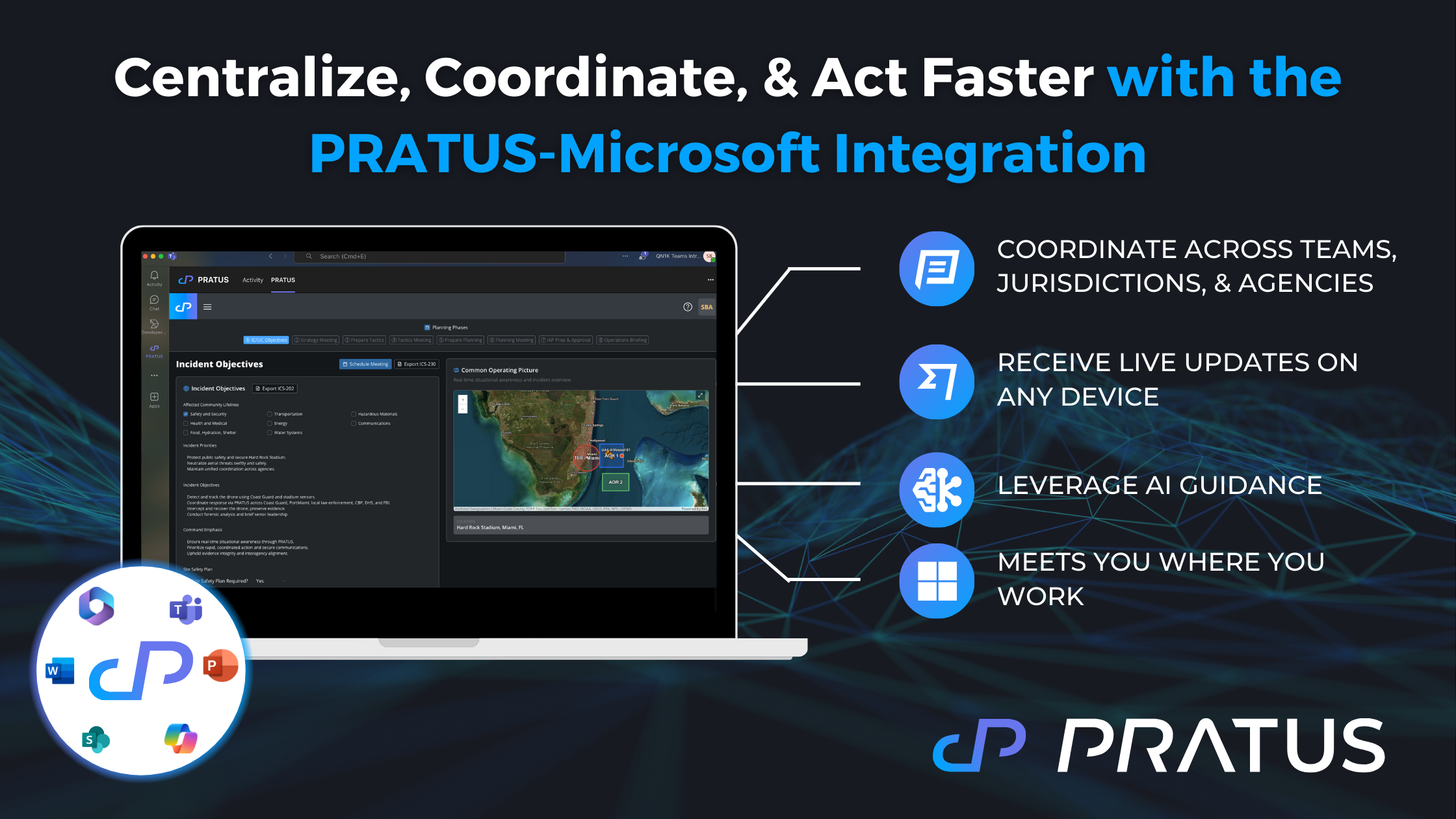 Laptop showing the PRATUS interface with a map, illustrating team coordination, live updates, AI-driven guidance, and seamless Microsoft integration.