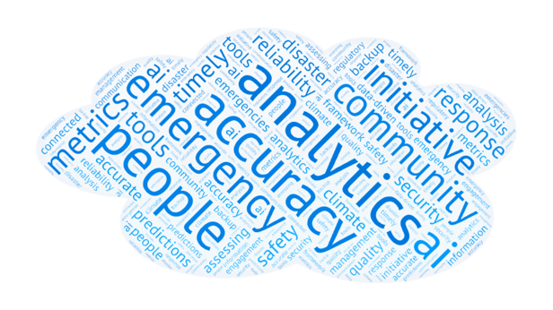 Word cloud showing common comments about data analytics for public safety and emergency management.